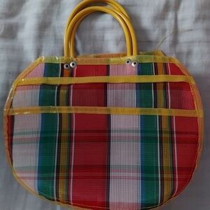Colorful Plaid Kids Tote Bag with Yellow Handles